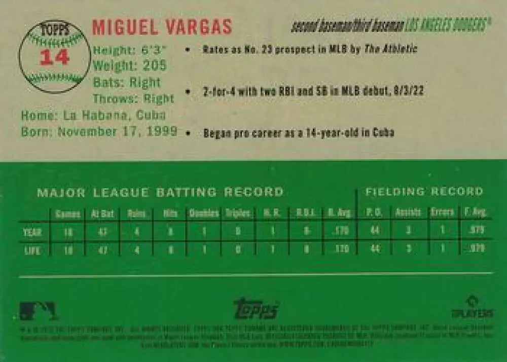 2023 Topps Chrome Platinum Anniversary #14 Miguel Vargas EX Excellent RC Rookie Los Angeles Dodgers Baseball Card