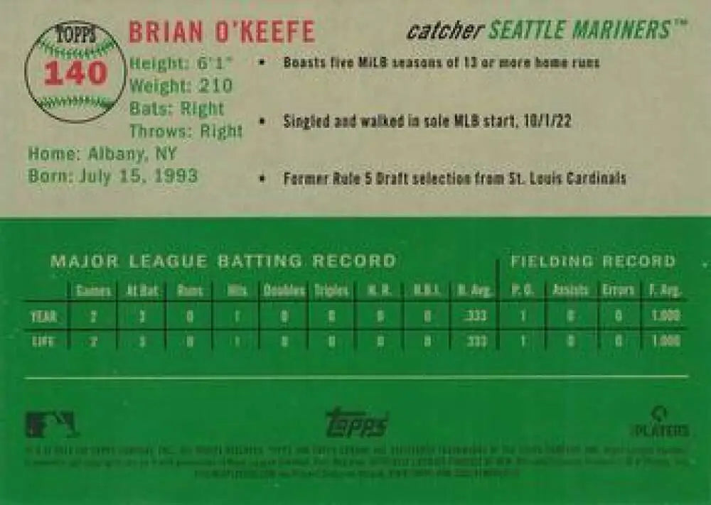 2023 Topps Chrome Platinum Anniversary #140 Brian O’Keefe EX Excellent RC Rookie Seattle Mariners Baseball Card
