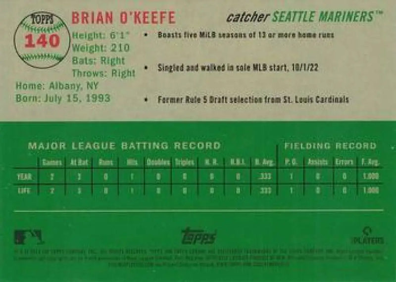 2023 Topps Chrome Platinum Anniversary #140 Brian O’Keefe EX Excellent RC Rookie Seattle Mariners Baseball Card