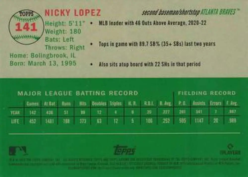 2023 Topps Chrome Platinum Anniversary #141 Nicky Lopez EX Excellent Atlanta Braves Baseball Card - Baseball Card Single