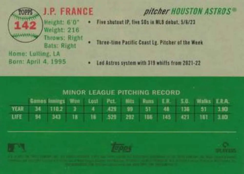 2023 Topps Chrome Platinum Anniversary #142 J.P. France EX Excellent RC Rookie Houston Astros Baseball Card - Baseball
