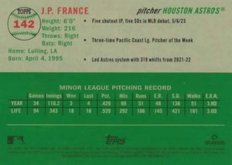 2023 Topps Chrome Platinum Anniversary #142 J.P. France EX Excellent RC Rookie Houston Astros Baseball Card - Baseball