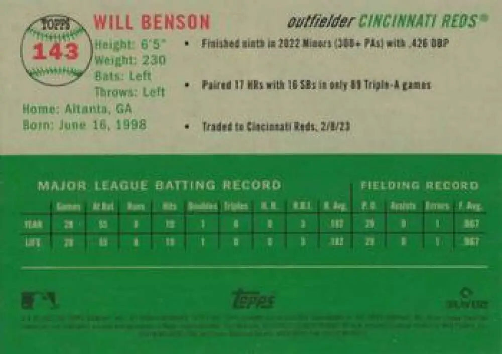 2023 Topps Chrome Platinum Anniversary #143 Will Benson EX Excellent RC Rookie Cincinnati Reds Baseball Card - Baseball