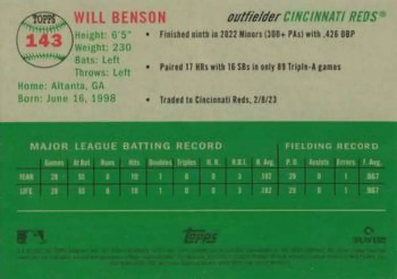2023 Topps Chrome Platinum Anniversary #143 Will Benson EX Excellent RC Rookie Cincinnati Reds Baseball Card - Baseball