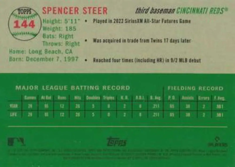 2023 Topps Chrome Platinum Anniversary #144 Spencer Steer EX Excellent RC Rookie Cincinnati Reds Baseball Card