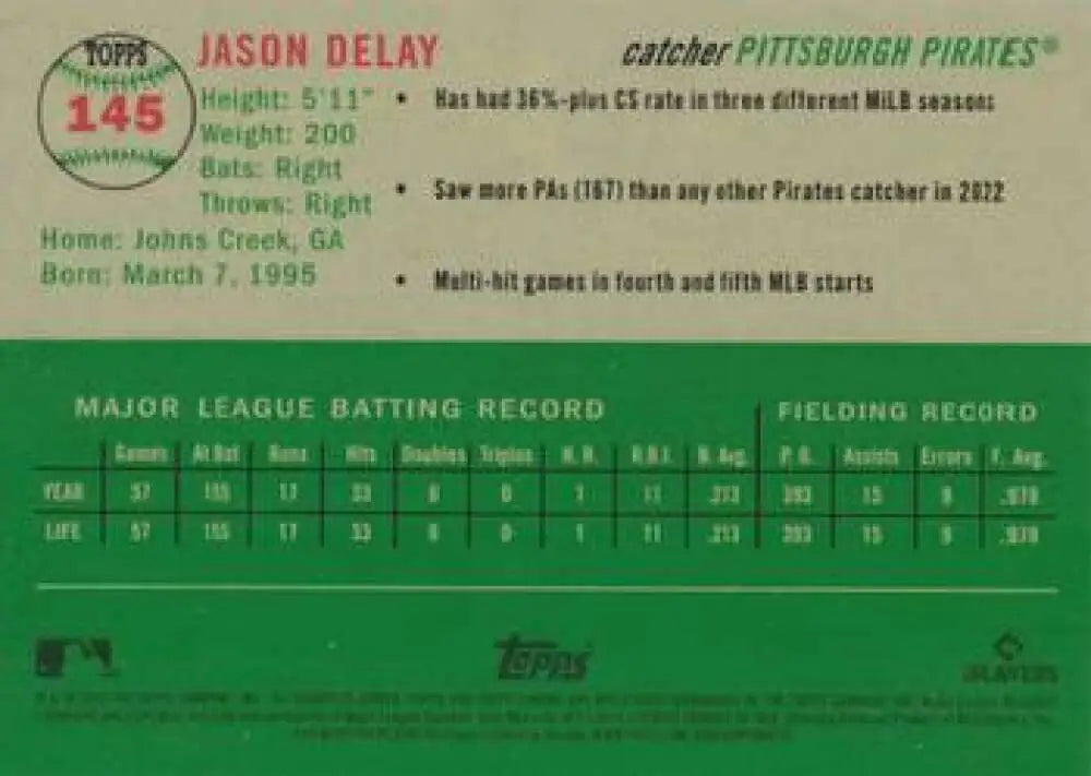 2023 Topps Chrome Platinum Anniversary #145 Jason Delay EX Excellent RC Rookie Pittsburgh Pirates Baseball Card