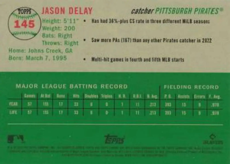 2023 Topps Chrome Platinum Anniversary #145 Jason Delay EX Excellent RC Rookie Pittsburgh Pirates Baseball Card