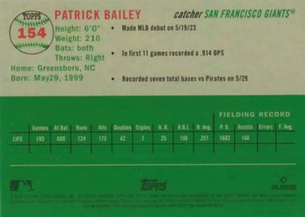 2023 Topps Chrome Platinum Anniversary #154 Patrick Bailey EX Excellent RC Rookie San Francisco Giants Baseball Card