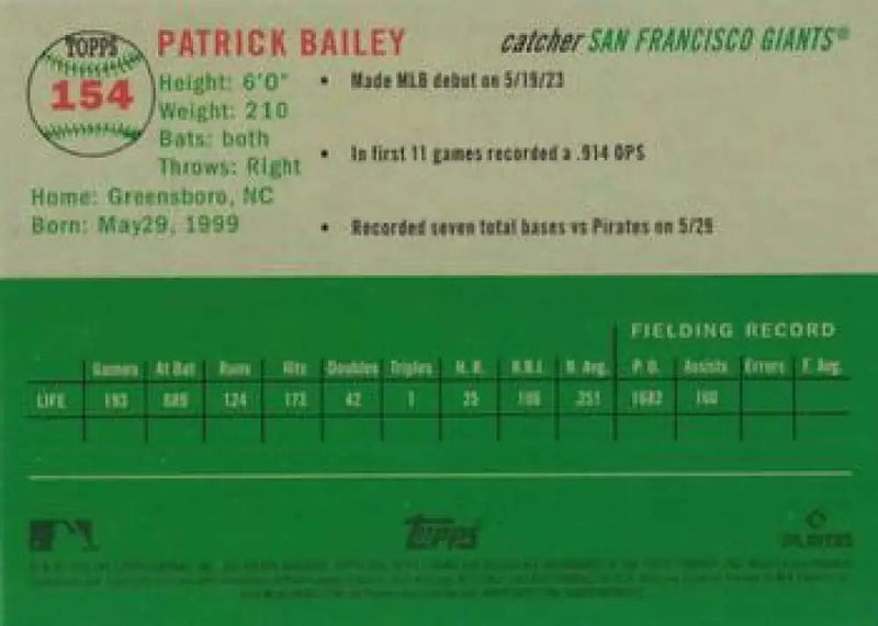 2023 Topps Chrome Platinum Anniversary #154 Patrick Bailey EX Excellent RC Rookie San Francisco Giants Baseball Card