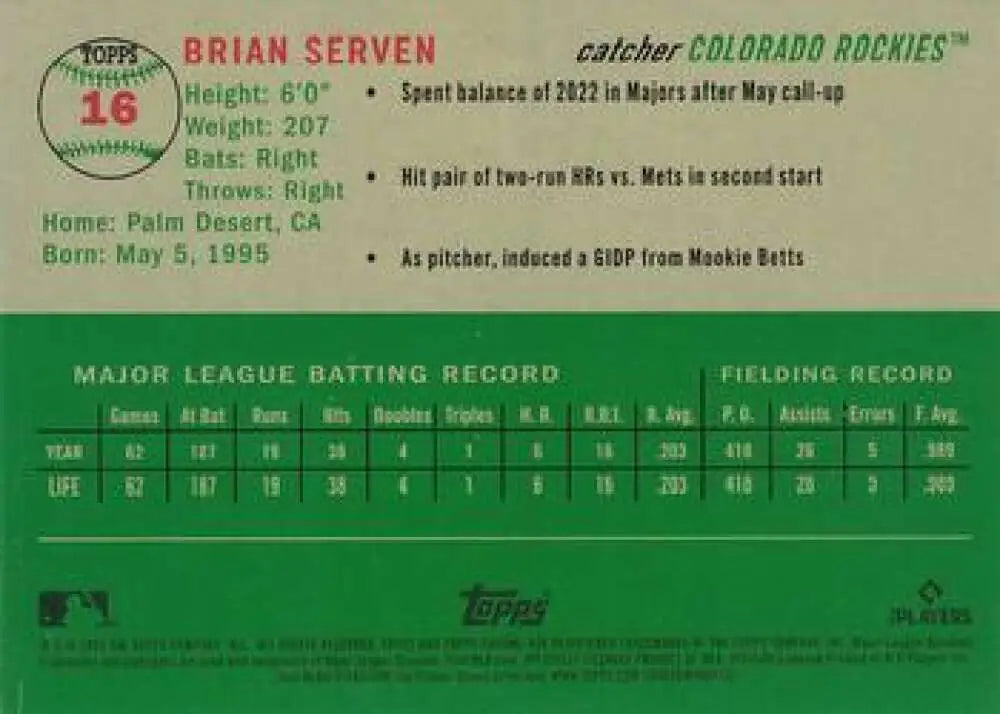 2023 Topps Chrome Platinum Anniversary #16 Brian Serven EX Excellent RC Rookie Colorado Rockies Baseball Card