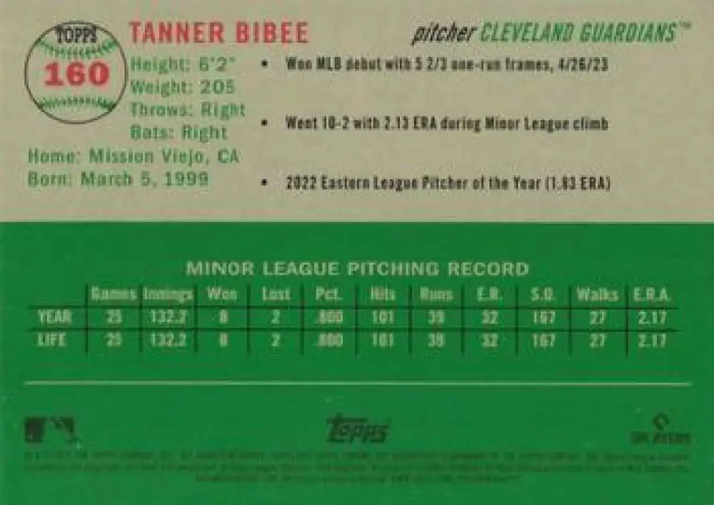2023 Topps Chrome Platinum Anniversary #160 Tanner Bibee EX Excellent RC Rookie Cleveland Guardians Baseball Card