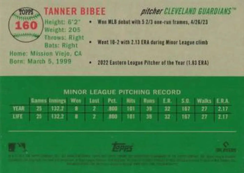 2023 Topps Chrome Platinum Anniversary #160 Tanner Bibee EX Excellent RC Rookie Cleveland Guardians Baseball Card