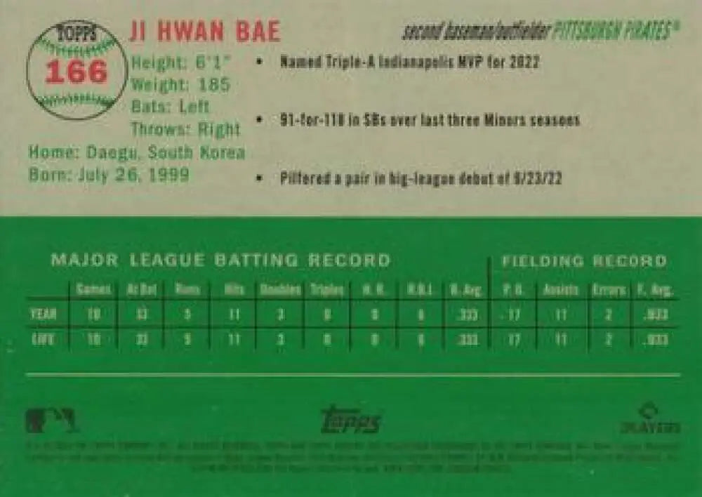 2023 Topps Chrome Platinum Anniversary #166 Ji Hwan Bae EX Excellent RC Rookie Pittsburgh Pirates Baseball Card