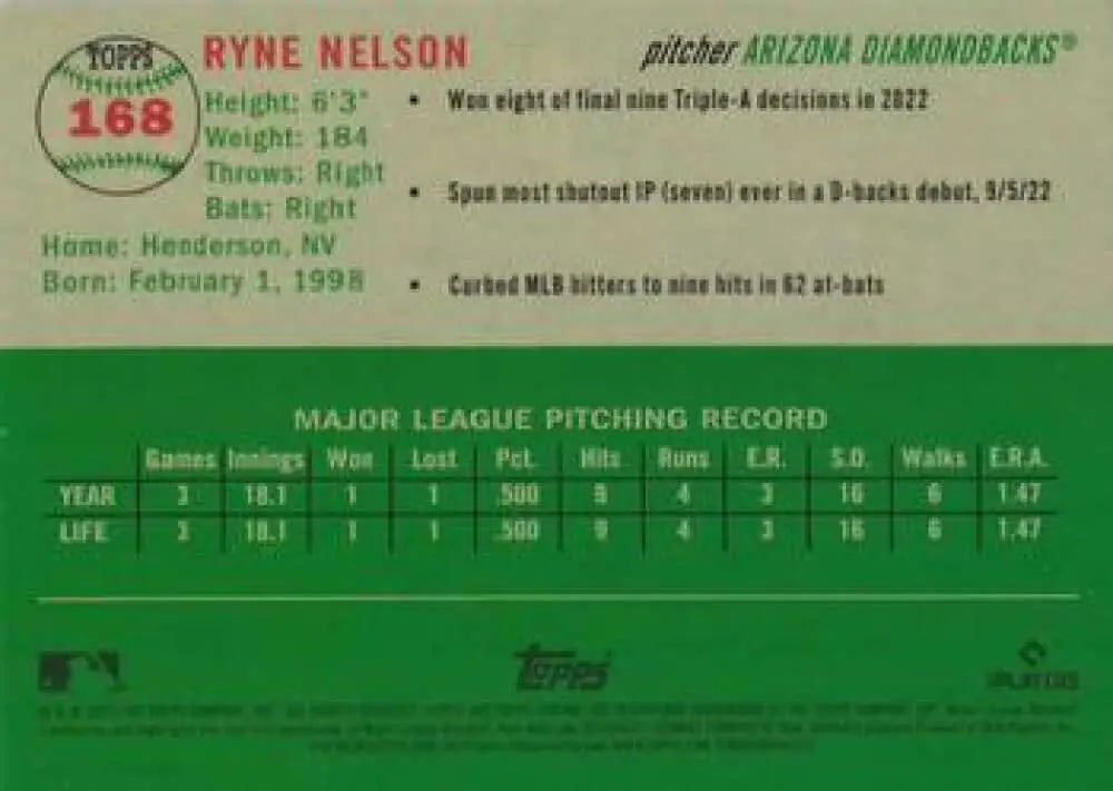 2023 Topps Chrome Platinum Anniversary #168 Ryne Nelson EX Excellent RC Rookie Arizona Diamondbacks Baseball Card