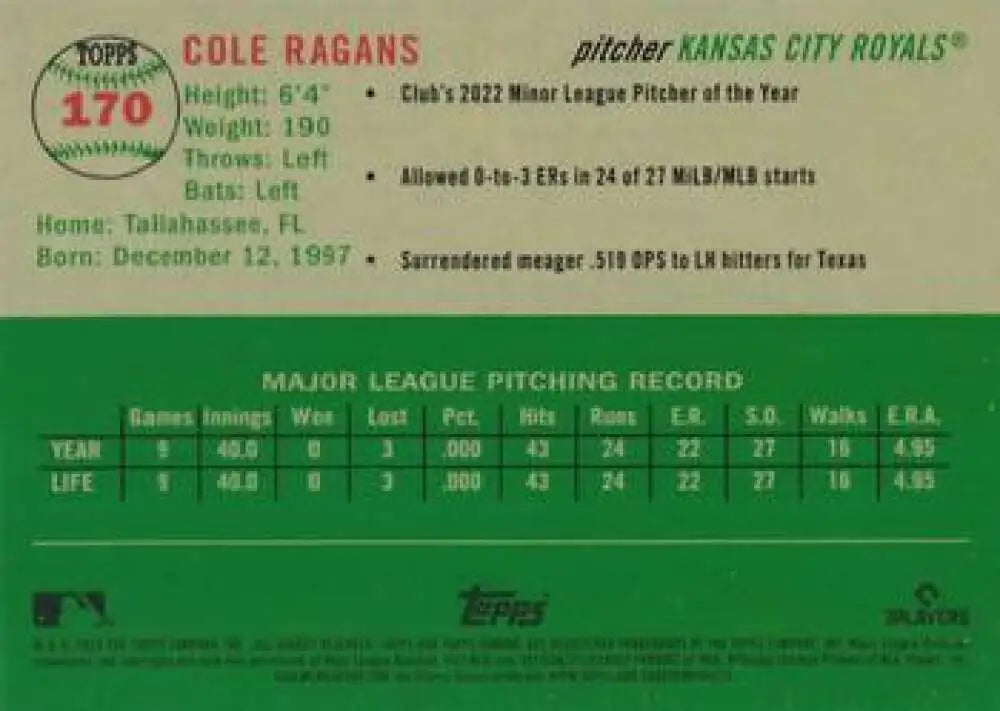 2023 Topps Chrome Platinum Anniversary #170 Cole Ragans EX Excellent RC Rookie Kansas City Royals Baseball Card