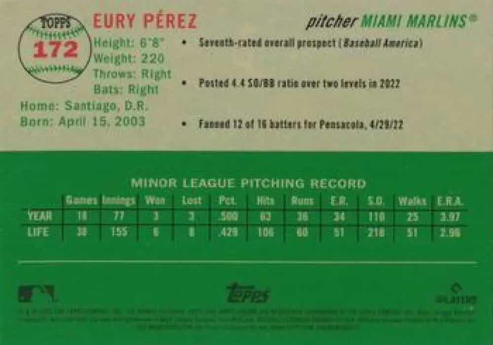 2023 Topps Chrome Platinum Anniversary #172 Eury Perez EX Excellent RC Rookie Miami Marlins Baseball Card - Baseball
