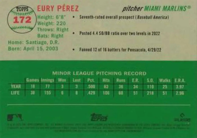 2023 Topps Chrome Platinum Anniversary #172 Eury Perez EX Excellent RC Rookie Miami Marlins Baseball Card - Baseball