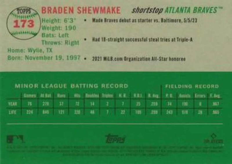 2023 Topps Chrome Platinum Anniversary #173 Braden Shewmake EX Excellent RC Rookie Atlanta Braves Baseball Card