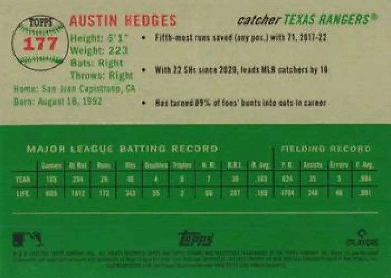 2023 Topps Chrome Platinum Anniversary #177 Austin Hedges EX Excellent Texas Rangers Baseball Card - Baseball Card