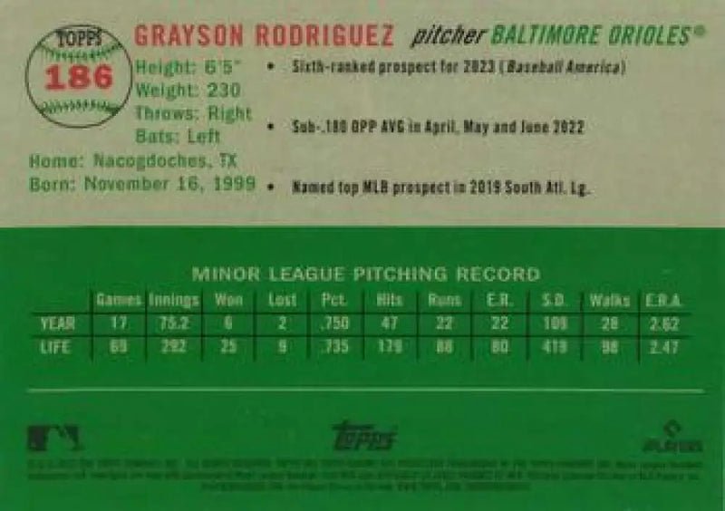 2023 Topps Chrome Platinum Anniversary #186 Grayson Rodriguez EX Excellent RC Rookie Baltimore Orioles Baseball Card