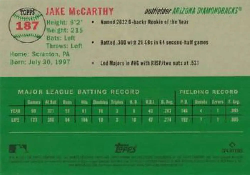 2023 Topps Chrome Platinum Anniversary #187 Jake McCarthy EX Excellent Arizona Diamondbacks Baseball Card - Baseball