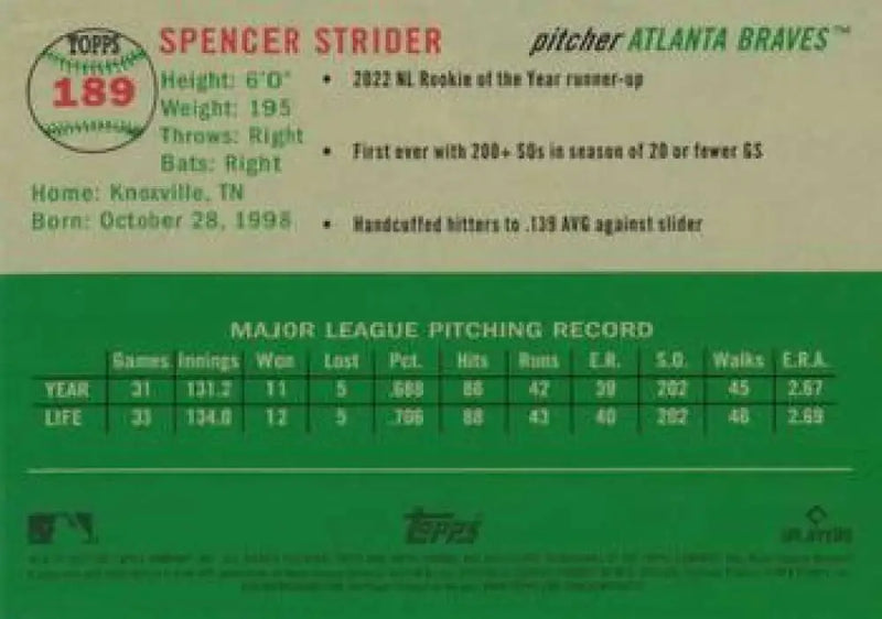 2023 Topps Chrome Platinum Anniversary #189 Spencer Strider EX Excellent Atlanta Braves Baseball Card - Baseball Card