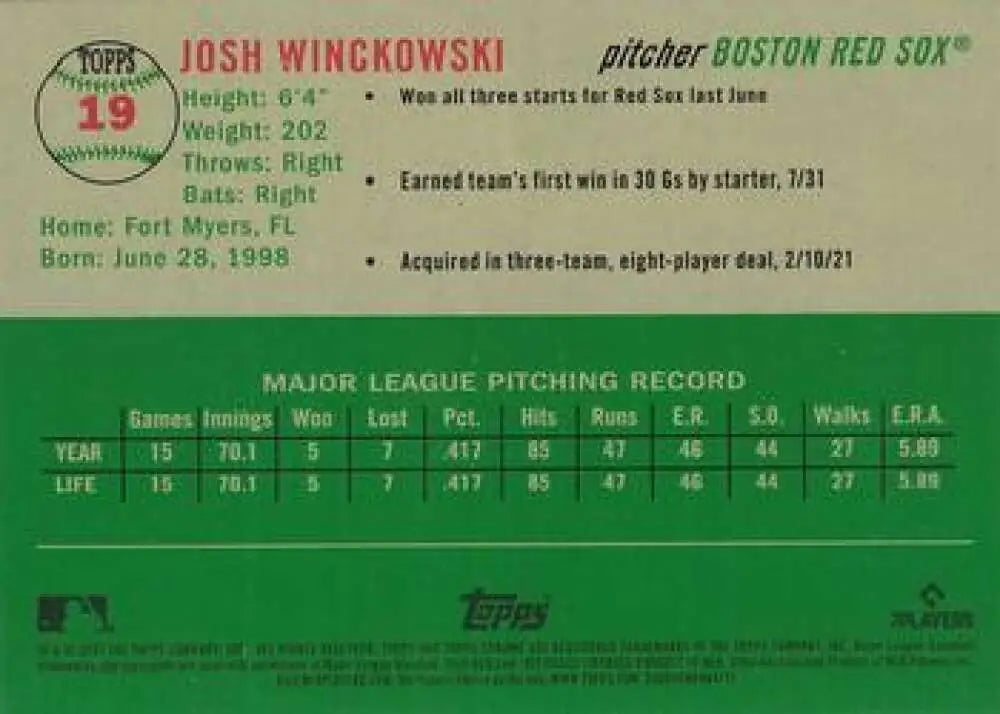 2023 Topps Chrome Platinum Anniversary #19 Josh Winckowski EX Excellent RC Rookie Boston Red Sox Baseball Card