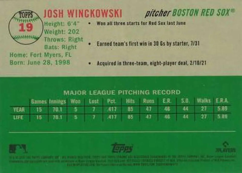 2023 Topps Chrome Platinum Anniversary #19 Josh Winckowski EX Excellent RC Rookie Boston Red Sox Baseball Card