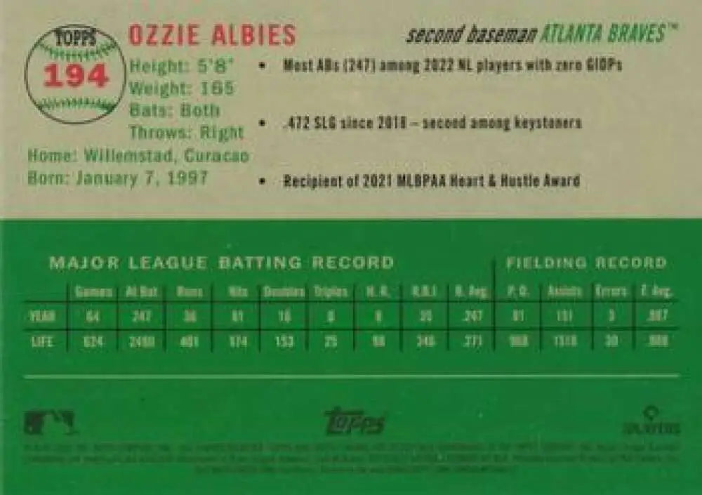 2023 Topps Chrome Platinum Anniversary #194 Ozzie Albies EX Excellent Atlanta Braves Baseball Card - Baseball Card
