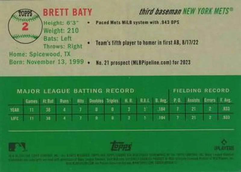 2023 Topps Chrome Platinum Anniversary #2 Brett Baty EX Excellent RC Rookie New York Mets Baseball Card - Baseball Card