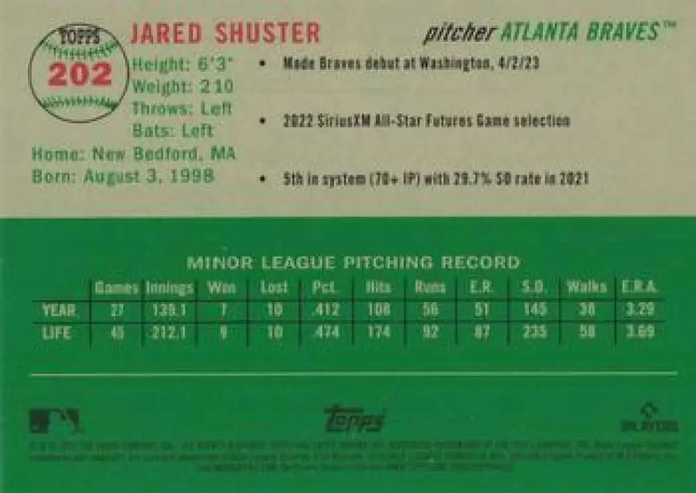 2023 Topps Chrome Platinum Anniversary #202 Jared Shuster EX Excellent RC Rookie Atlanta Braves Baseball Card