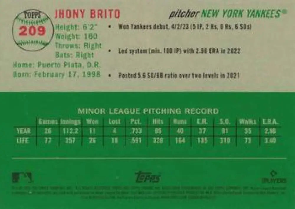 2023 Topps Chrome Platinum Anniversary #209 Jhony Brito EX Excellent RC Rookie New York Yankees Baseball Card