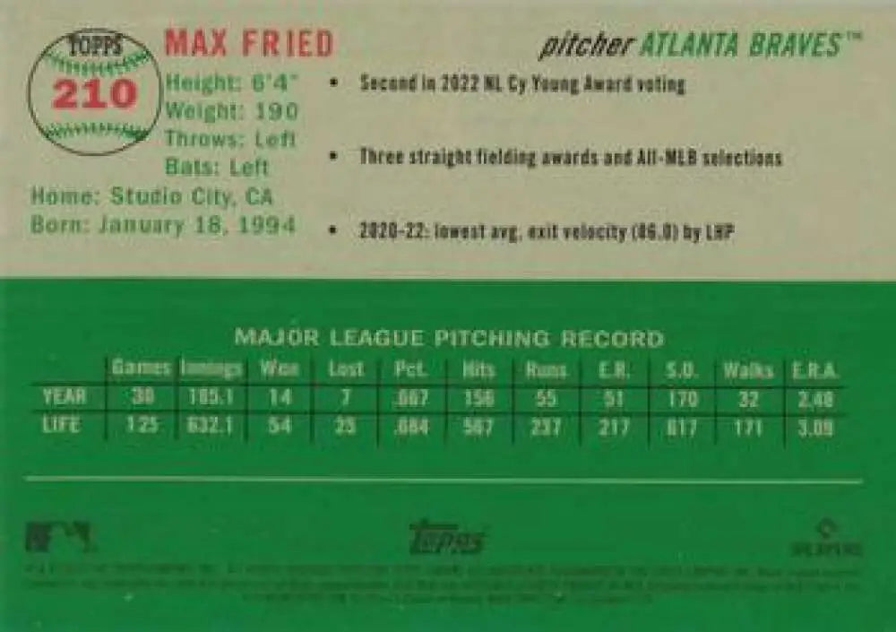 2023 Topps Chrome Platinum Anniversary #210 Max Fried EX Excellent Atlanta Braves Baseball Card - Baseball Card Single