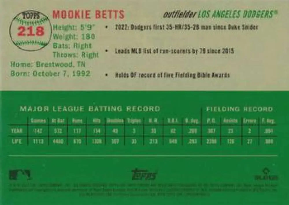 2023 Topps Chrome Platinum Anniversary #218 Mookie Betts EX Excellent Los Angeles Dodgers Baseball Card - Baseball Card
