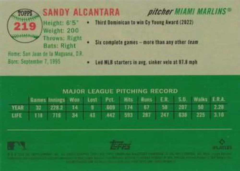 2023 Topps Chrome Platinum Anniversary #219 Sandy Alcantara EX Excellent Miami Marlins Baseball Card - Baseball Card