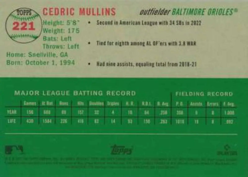 2023 Topps Chrome Platinum Anniversary #221 Cedric Mullins EX Excellent Baltimore Orioles Baseball Card - Baseball Card