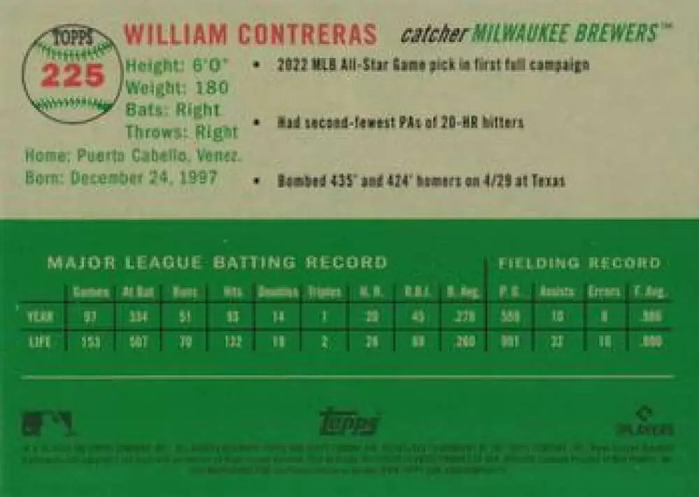 2023 Topps Chrome Platinum Anniversary #225 William Contreras EX Excellent Milwaukee Brewers Baseball Card - Baseball