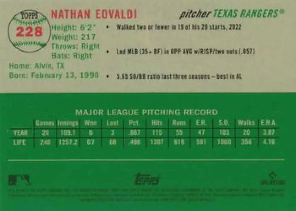 2023 Topps Chrome Platinum Anniversary #228 Nathan Eovaldi EX Excellent Texas Rangers Baseball Card - Baseball Card