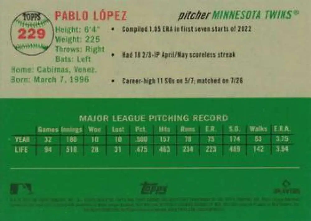 2023 Topps Chrome Platinum Anniversary #229 Pablo Lopez EX Excellent Minnesota Twins Baseball Card - Baseball Card