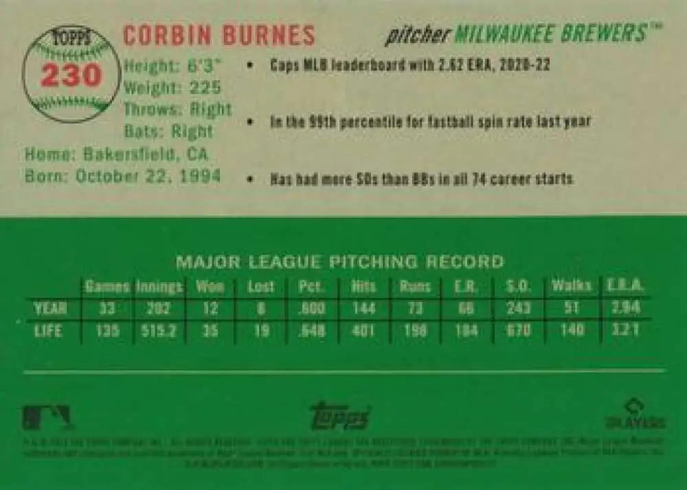 2023 Topps Chrome Platinum Anniversary #230 Corbin Burnes EX Excellent Milwaukee Brewers Baseball Card - Baseball Card