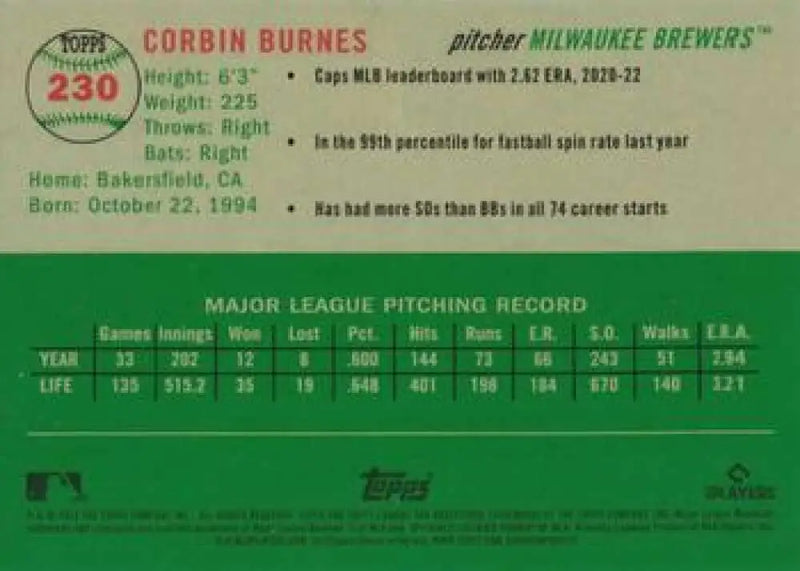 2023 Topps Chrome Platinum Anniversary #230 Corbin Burnes EX Excellent Milwaukee Brewers Baseball Card - Baseball Card
