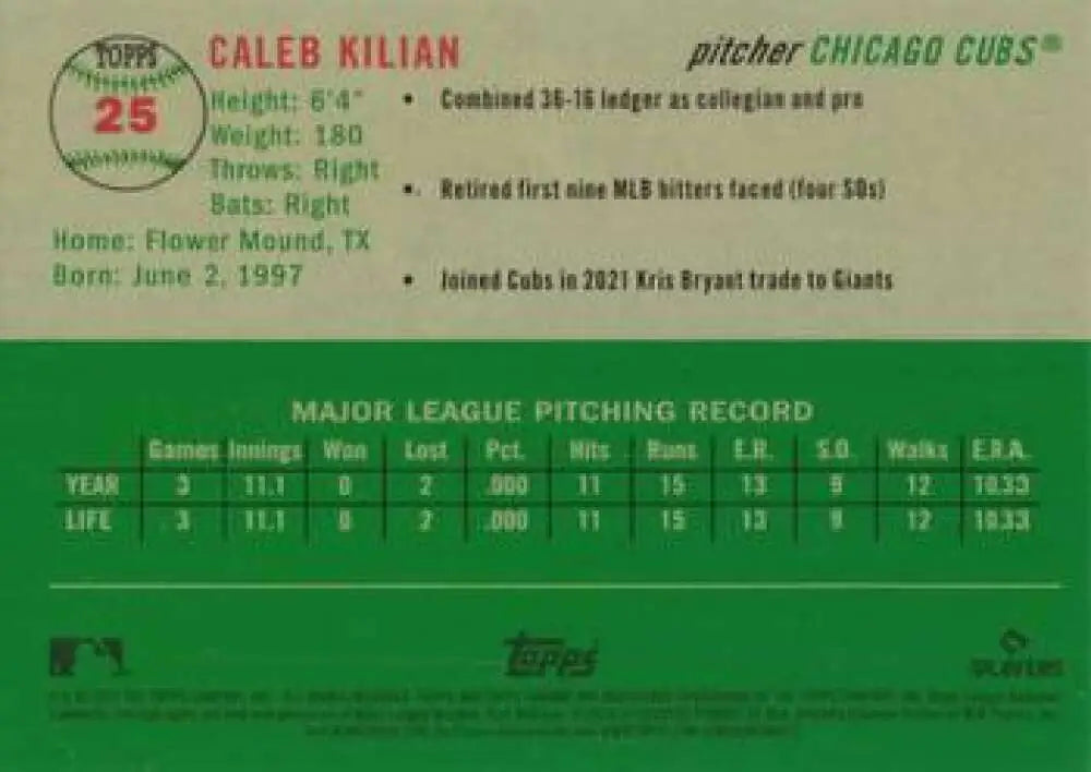 2023 Topps Chrome Platinum Anniversary #25 Caleb Kilian EX Excellent RC Rookie Chicago Cubs Baseball Card - Baseball