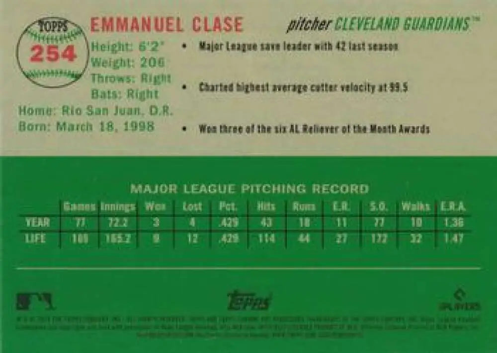 2023 Topps Chrome Platinum Anniversary #254 Emmanuel Clase EX Excellent Cleveland Guardians Baseball Card - Baseball