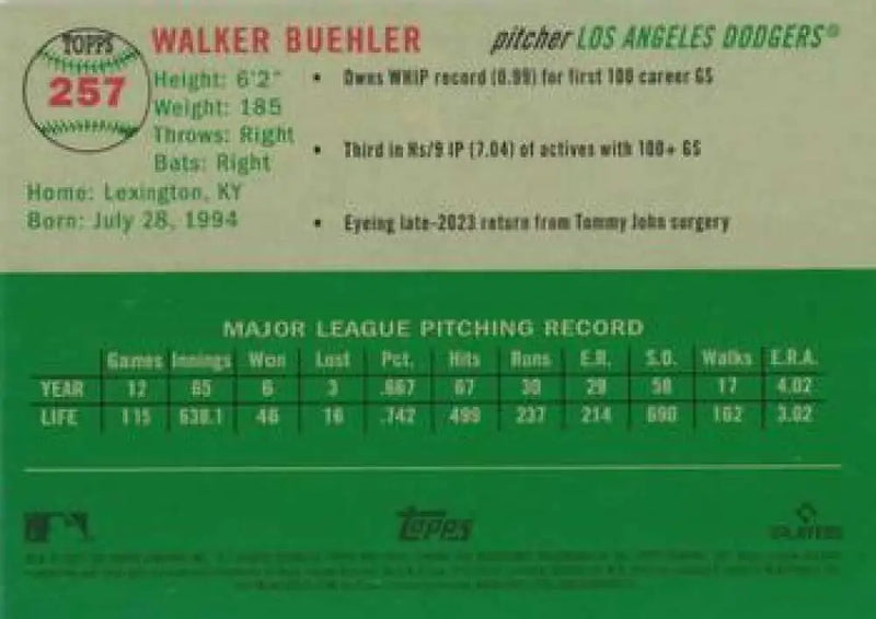 2023 Topps Chrome Platinum Anniversary #257 Walker Buehler EX Excellent Los Angeles Dodgers Baseball Card - Baseball