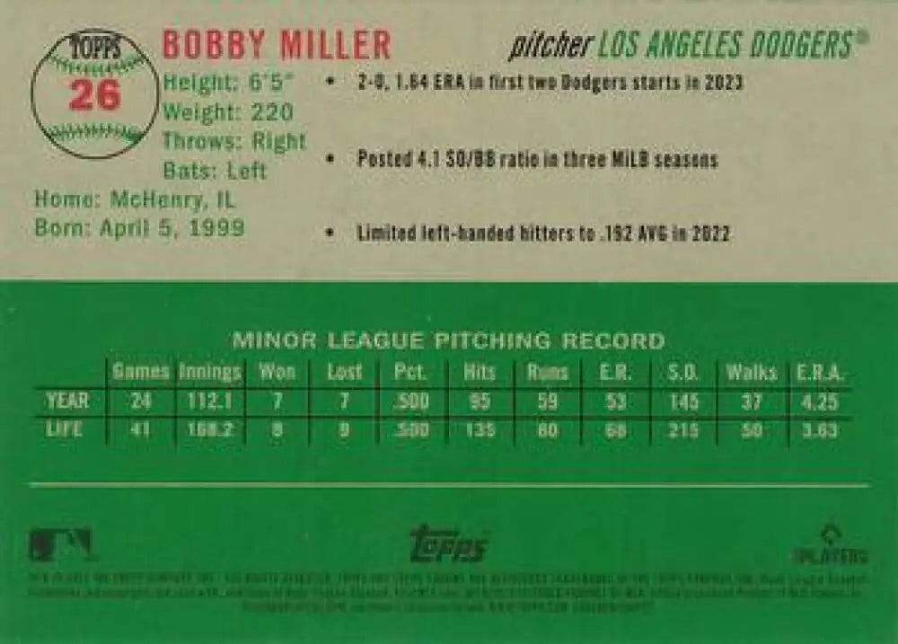 2023 Topps Chrome Platinum Anniversary #26 Bobby Miller EX Excellent RC Rookie Los Angeles Dodgers Baseball Card