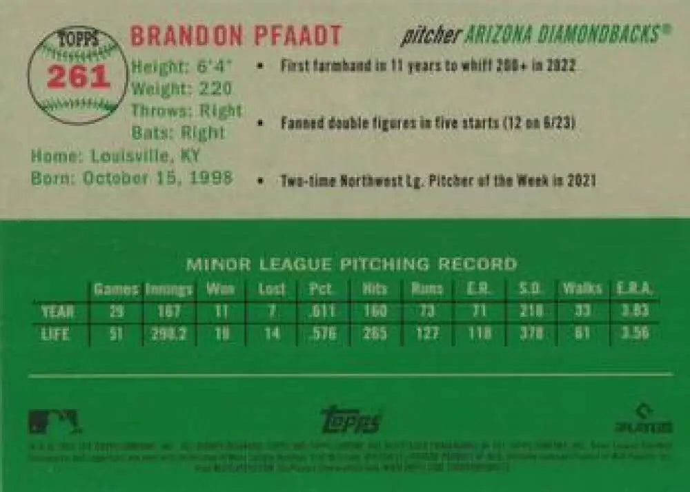 2023 Topps Chrome Platinum Anniversary #261 Brandon Pfaadt EX Excellent RC Rookie Arizona Diamondbacks Baseball Card