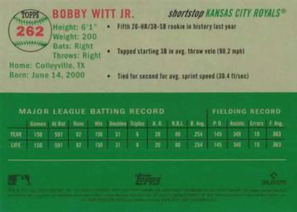 2023 Topps Chrome Platinum Anniversary #262 Bobby Witt Jr. EX Excellent Kansas City Royals Baseball Card - Baseball