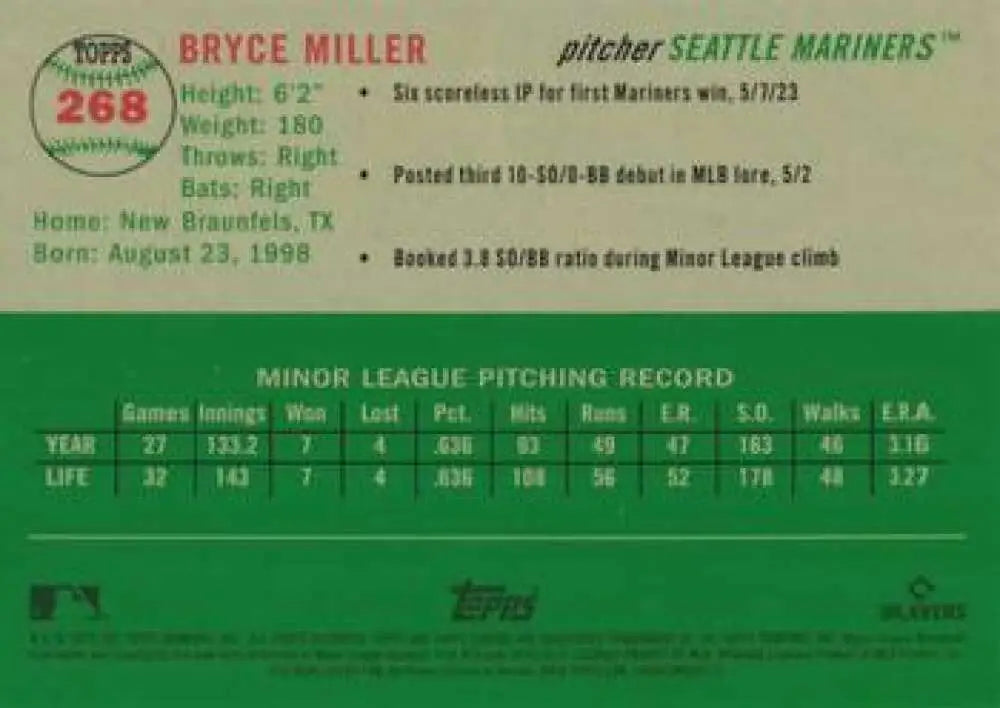 2023 Topps Chrome Platinum Anniversary #268 Bryce Miller EX Excellent RC Rookie Seattle Mariners Baseball Card