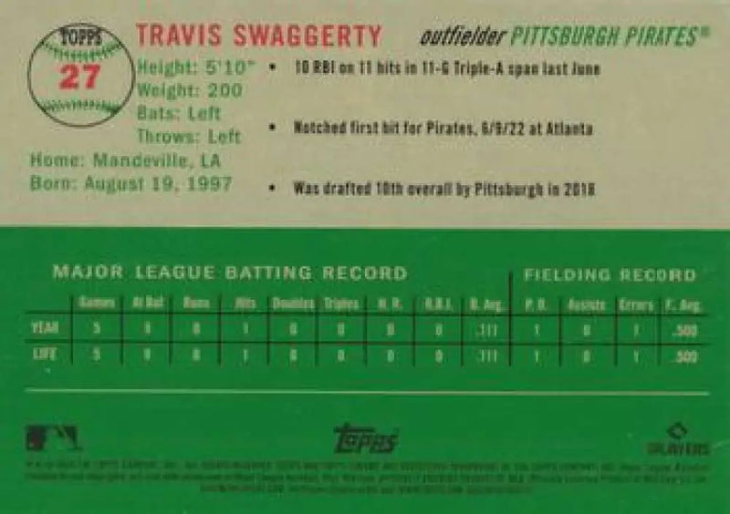 2023 Topps Chrome Platinum Anniversary #27 Travis Swaggerty EX Excellent RC Rookie Pittsburgh Pirates Baseball Card