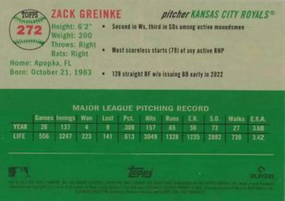 2023 Topps Chrome Platinum Anniversary #272 Zack Greinke EX Excellent Kansas City Royals Baseball Card - Baseball Card
